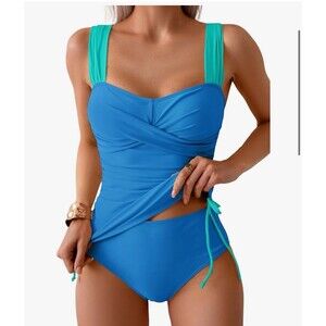 Tankini Swimsuit for Women Tummy Control Two Piece High Waist size 2XL turquoise